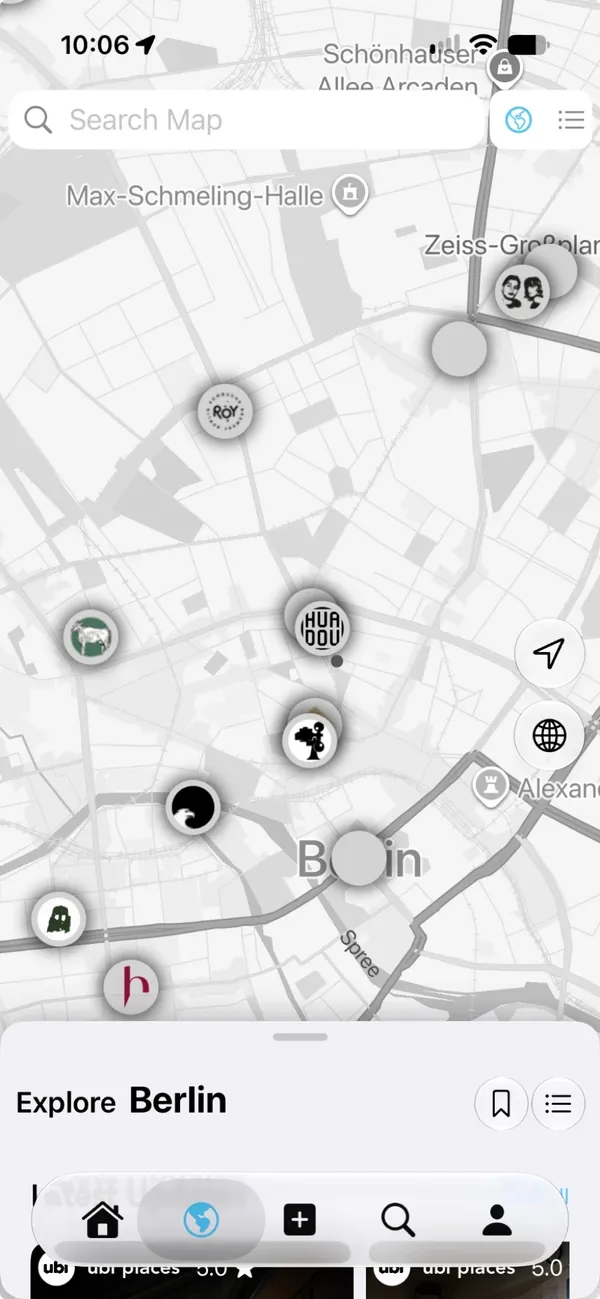 Ubi Places map of Berlin with pins from friends